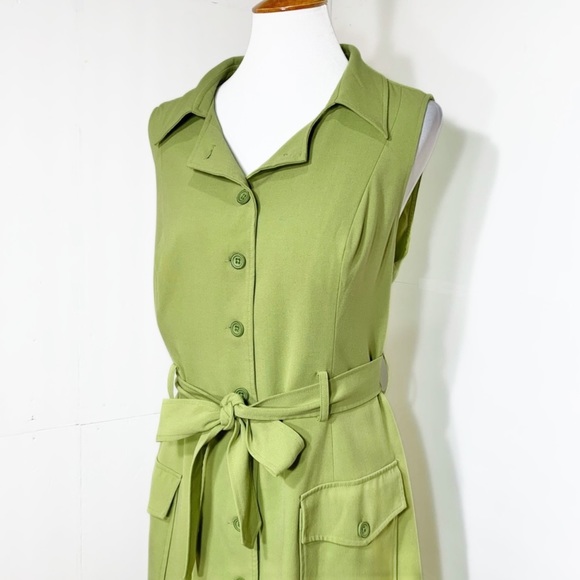 SOLD-Modcloth Buttondown Belted Olive Green Sleeveless Shirtdress - Picture 6 of 12
